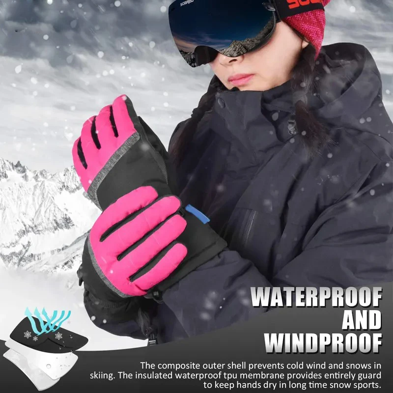 Winter Ski and Snowboard Gloves Guantes De Nieve Leather Logo Palm Black Yellow Bag Waterproof XXL Customized Time Outdoor