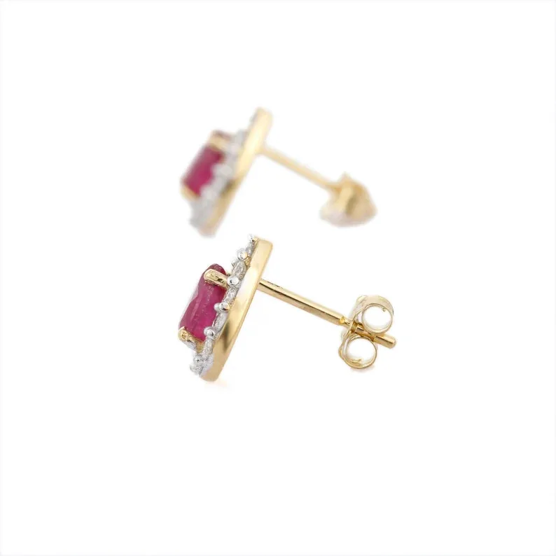 Fine Jewelry Natural Precious Gemstone Ruby With Diamond Earring Studs 14K Solid Yellow Gold Handmade Cluster Earring For Women