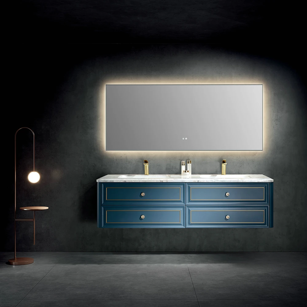 Wall-mounted luxury large size high end bathroom vanity cabinet led mirror with two washing basin sink