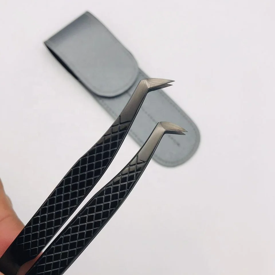 Wholesale Low MOQ Black Plasma Sustainable Steel Mega Volume Eyelash Extension Tweezers Professional Pointed round Boot Tweezer