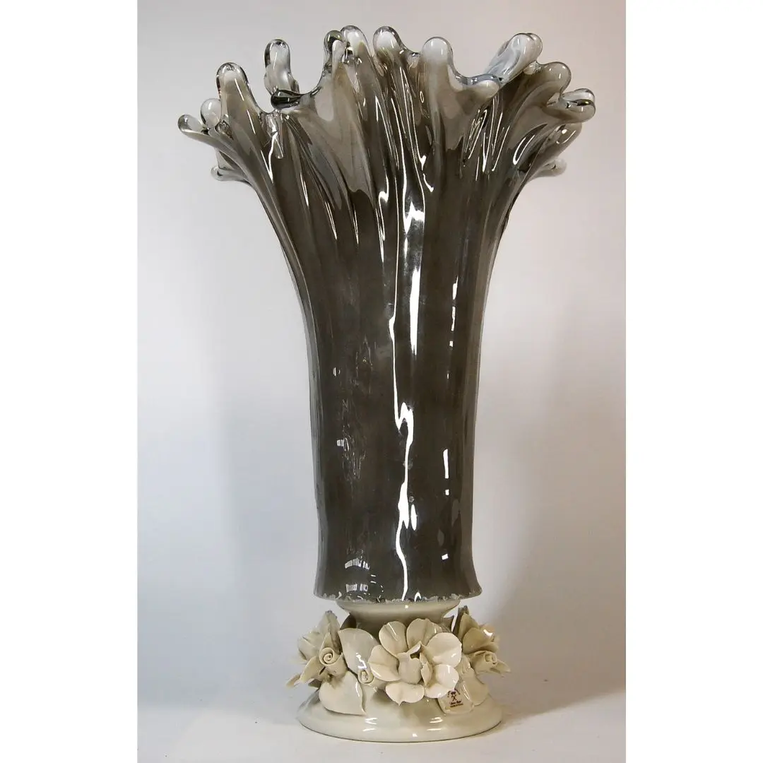 Tammaro Home Italian High Quality Glass Vase with Capodimonte Shiny Foot Flower Holder Lucky Home Decoration