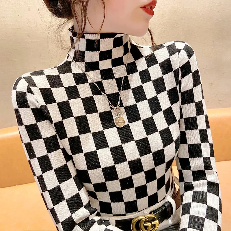 Women zebra print turtleneck sweater full sleeve checkerboard luxury pattern jumper tops wholesale sweaters