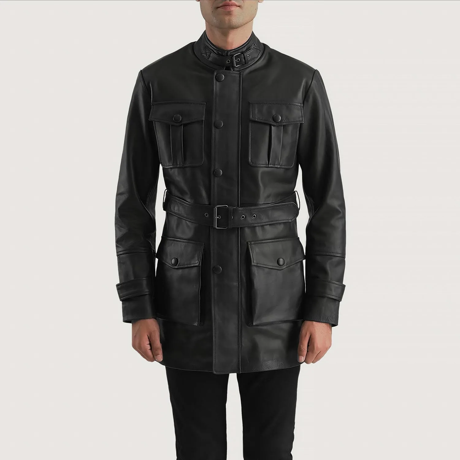 Custom Premium Button Up Round Neck Snap Button Waist Belt Front Pockets Leather Jacket Manufactured by Huzaifa Products