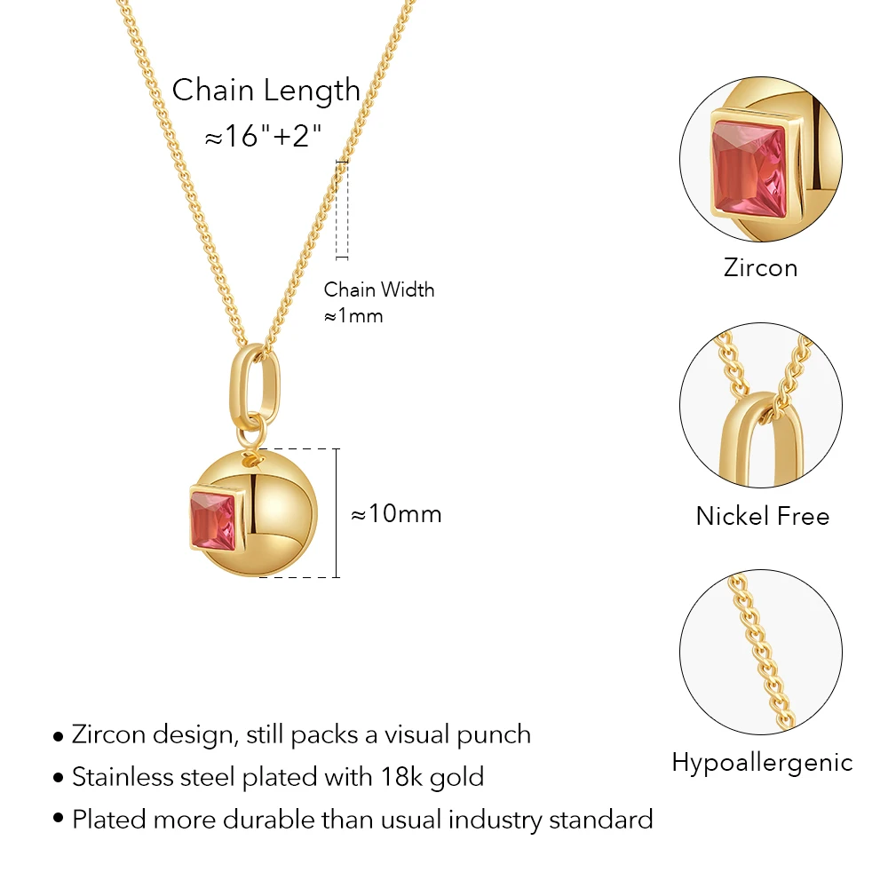 18K Gold Plated Stainless Steel Jewelry Colored Square Rectangle Heart Zircon Circle Ball Pendant For Women Necklace P243450
