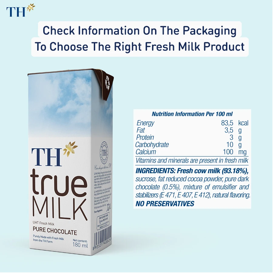 TH True Milk UHT Chocolate Fresh Milk 180ml Organic Sterilized Dairy Products Flavored Milk with 6 Months Shelf Life