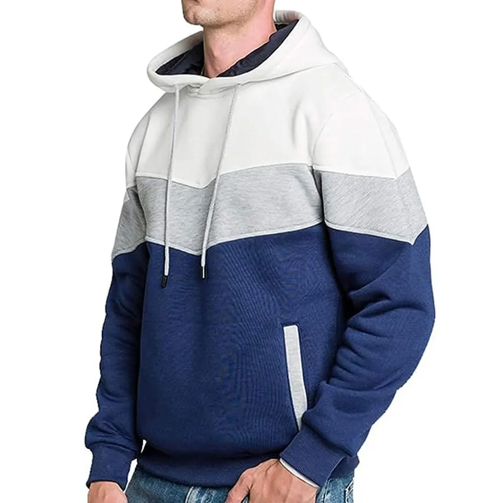 Men Round Neck Leisure Hooded Sweatshirt Long Sleeve Pocket Regular Fit Sport Hoodies Loose Color Block Jacket