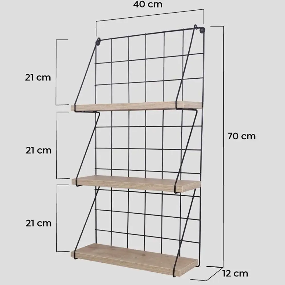 Metal Wooden 3 Shelves Wire Bathroom Wall Shelf Organizer Tier Wood Wall Shelf with Black Metal Hook