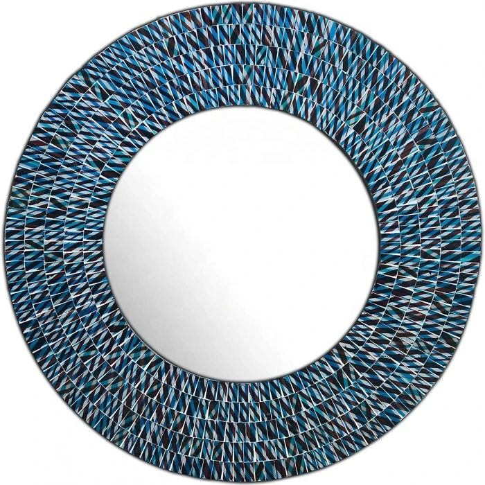 Modern 24 Inch round Wall Mirror Decorative Glass Mosaic Framed Bathroom Mirror in Teal Black MDF & Bone Material for Wedding