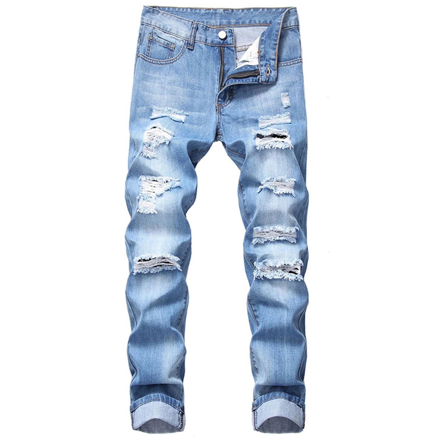 Vintage Wash distressed Mens Ripped Jeans Blue Long Slim Jeans Straight Denim Pants Men Casual Trousers