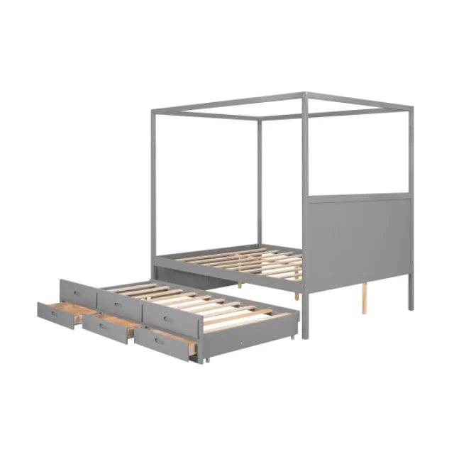 Size Canopy Platform Bed with Twin Size Trundle and Three Storage Drawers,Gray for Kids OEM Supplier from Vietnam
