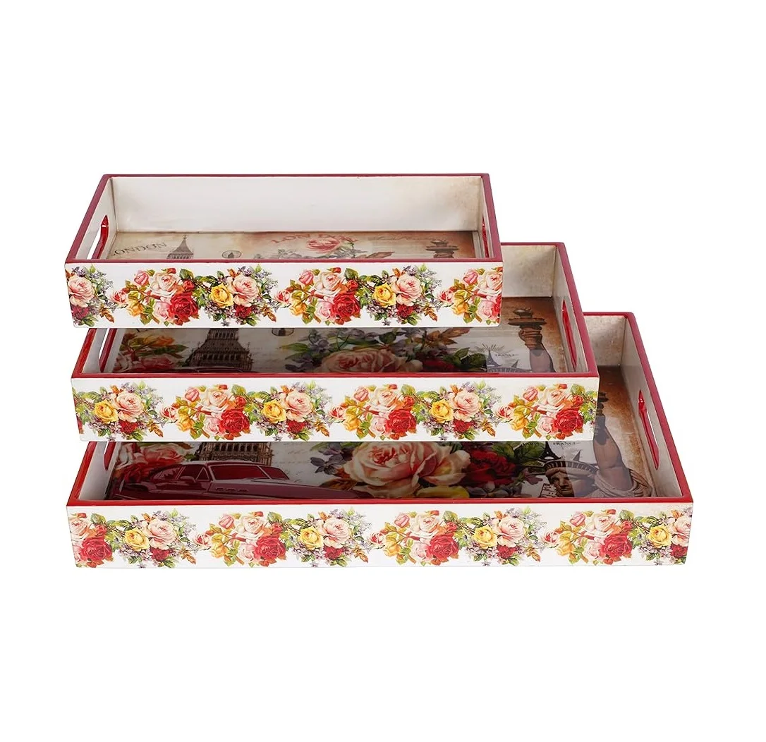 Wood Flowers Printed Tray Customized Size Handmade Product MDF Printed Tray for Home Restaurant Food Breakfast Tray Good Price