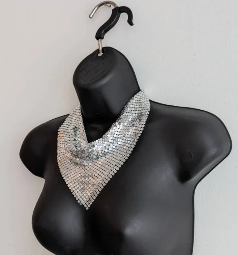 Silver mesh bandana necklace - metal metallic triangle draped chunky necklace Fringe Beaded Necklace Fringe beaded bandana