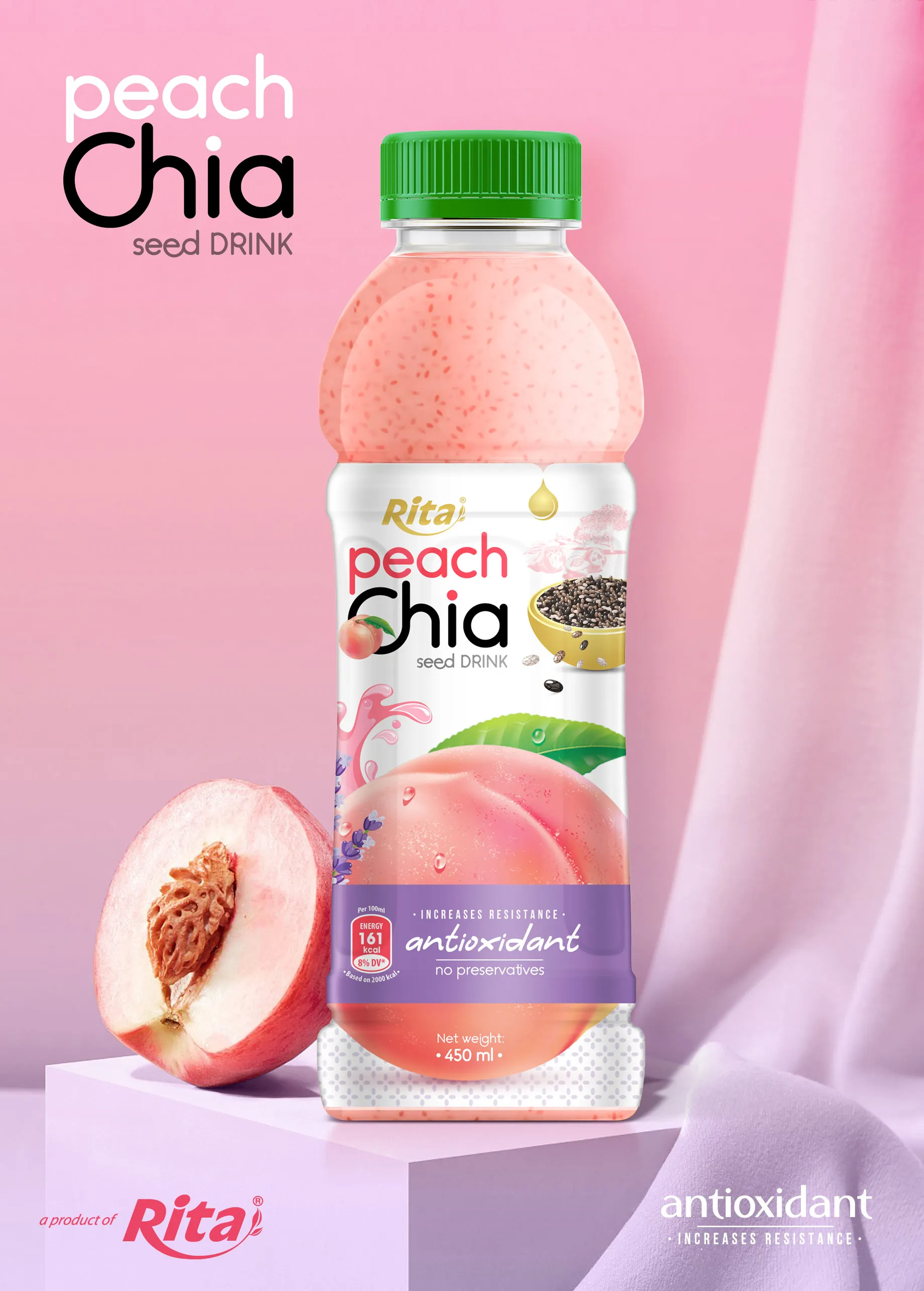 Chia Seed With Peach  Flavor 450ml Pet Bottle - Customize your own private label brand