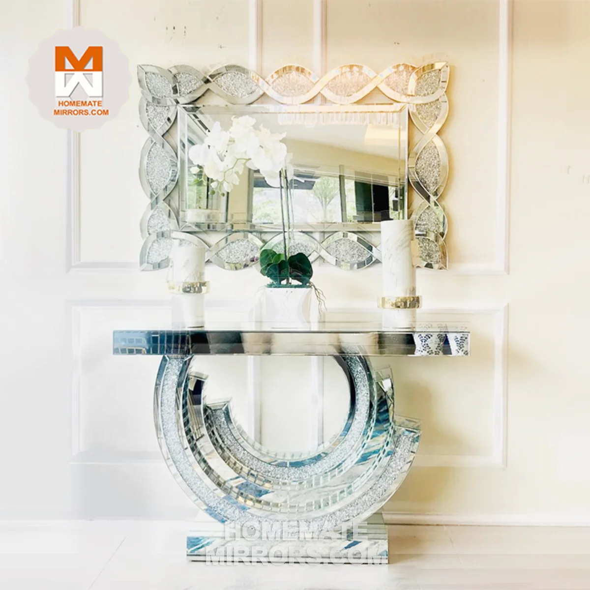 Competitive Modern style Mirrored C shaped Console Table with Crush Diamond