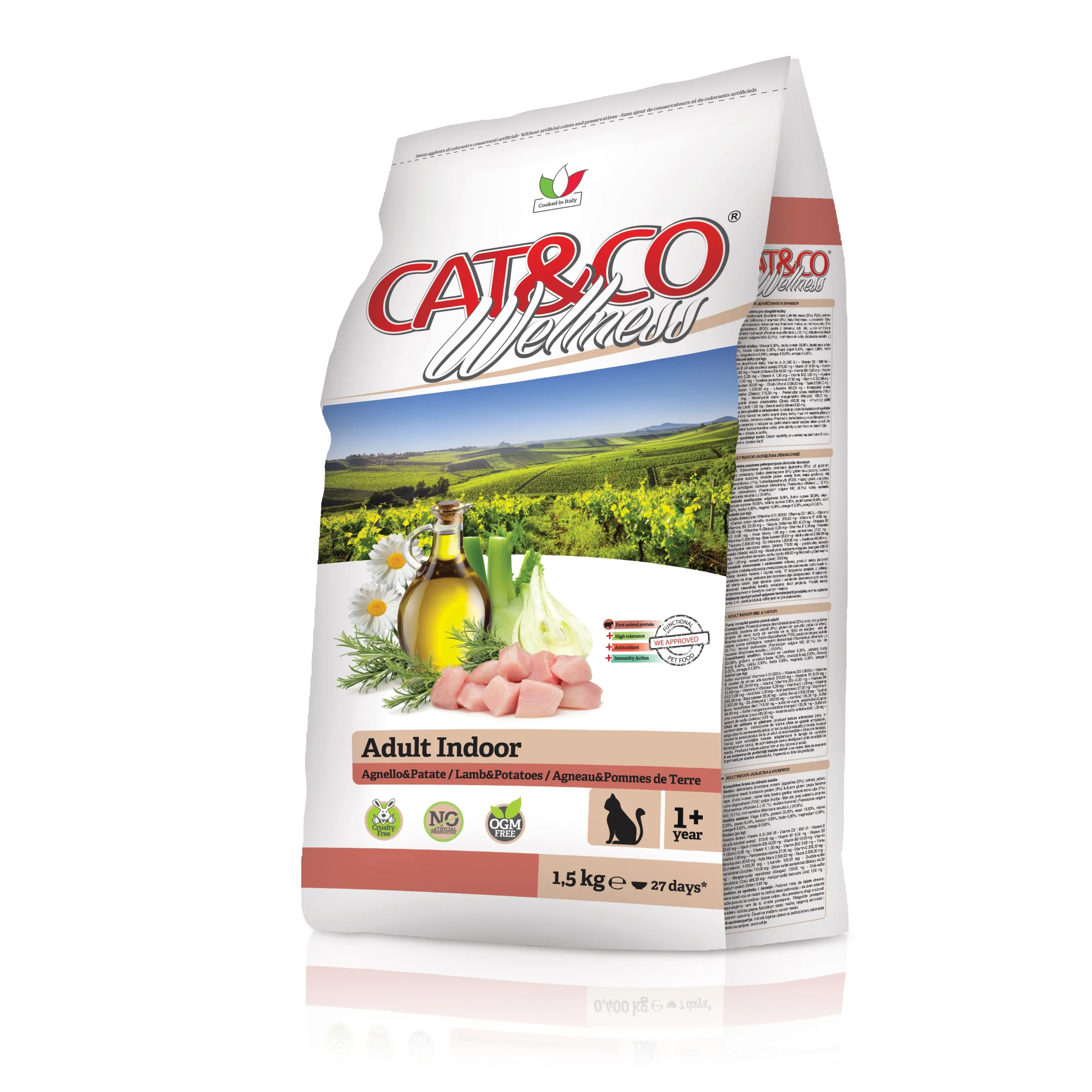 Premium Italian Cat Food for Indoor Adult Cat Food with Lamb and Potatoes in Pack 1.5kg