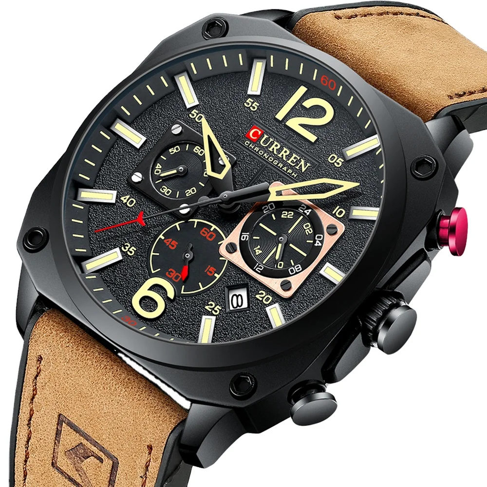 CURREN 8398 Brand Luxury Men Brown Quartz Wristwatches for Male Luminous Chronograph Dial Leather Clock Casual Sports Watch