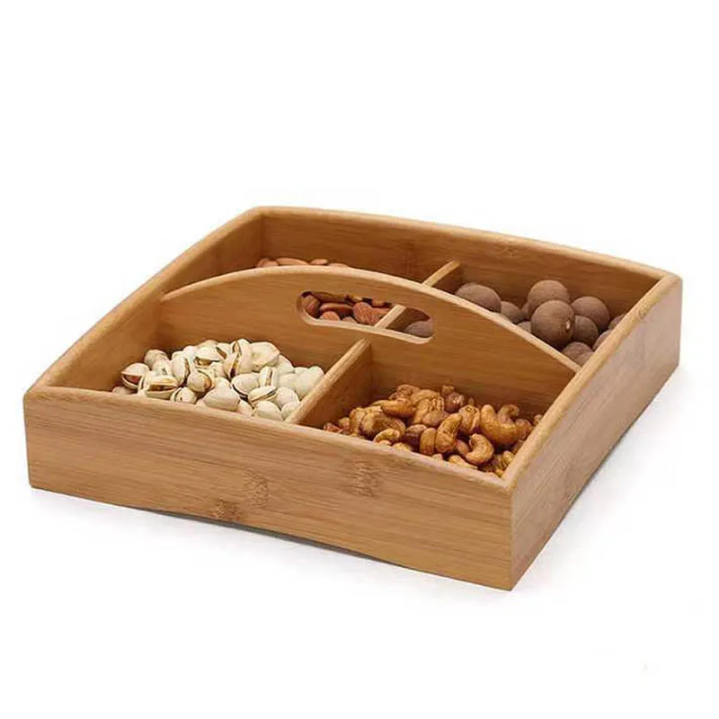 Solid Wood Four Gong Lattice Dried Fruit Snack Tray Portable Bamboo Fruit Tray Candy Nut Storage Box