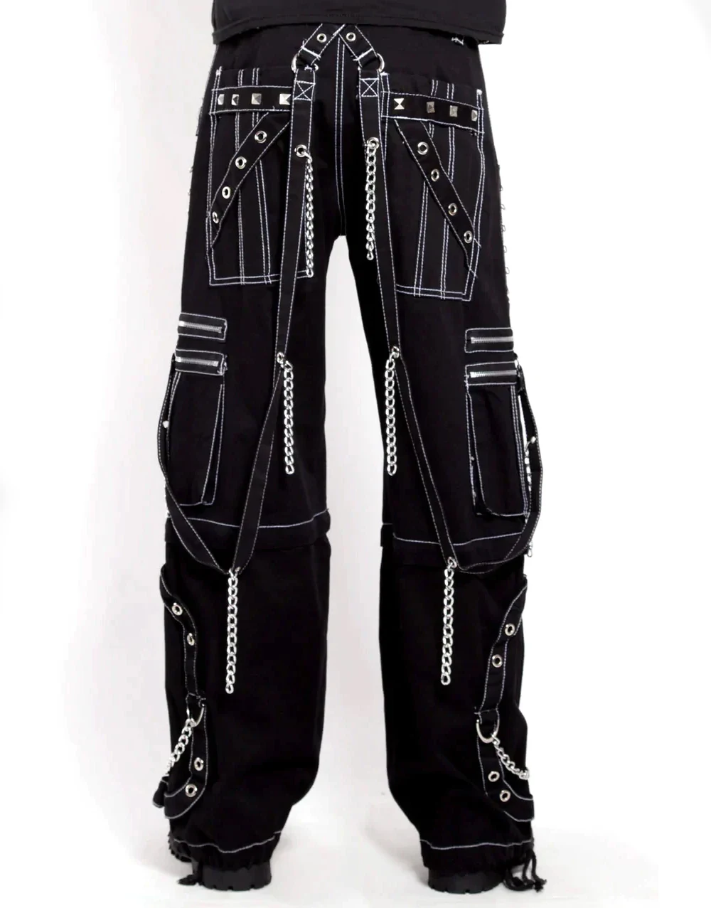 Customized Step Chain Pants Black With Contrast White Stitch Pants Gothic Pants With Chains And Straps Details
