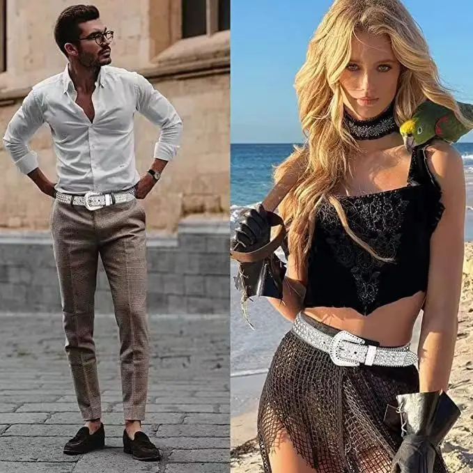 Women Men Fashion Designer Luxury Shiny Ice Leather Cowgirl Cowboy Y2K Studded Gemstone Rhinestone Belt