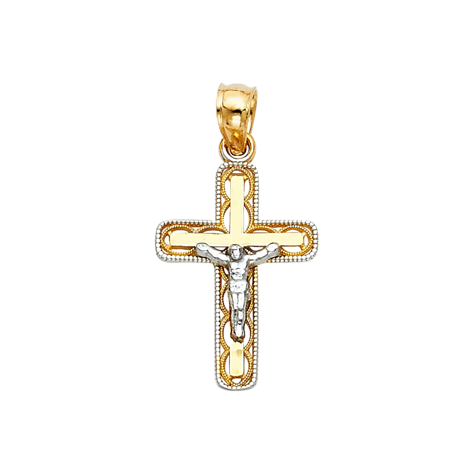 Jesus Crucifix Beaded Pendant 14k Yellow and Silver Gold Plated Holy Cross Two Tone Jesus Symbol Charm