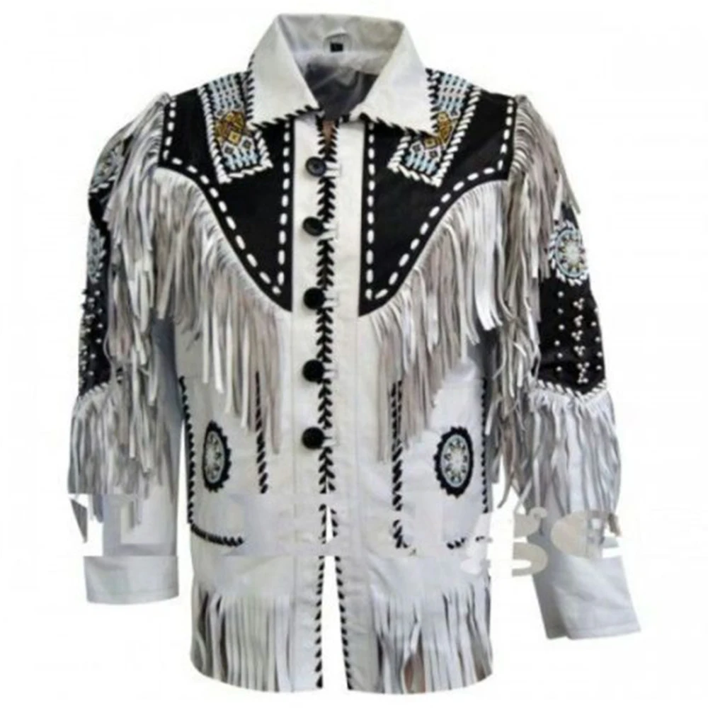 Fringed & Beaded Original Cow Leather Western Style Men Beautiful Cowboy Leather Jacket for Men