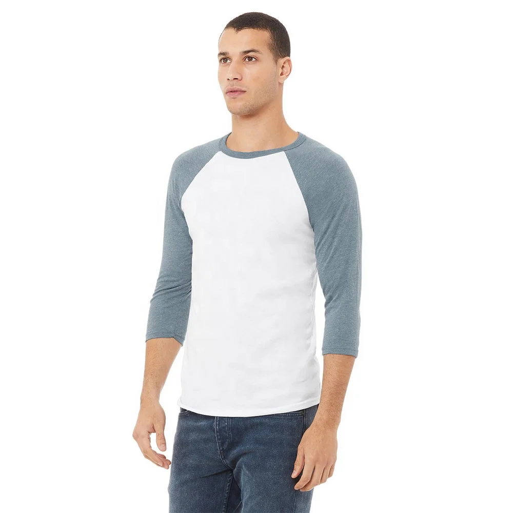 Wholesale White /Denim Triblend Raglan Bella + Canvas Unisex 3/ 4 Sleeve Raglan Baseball T Shirt