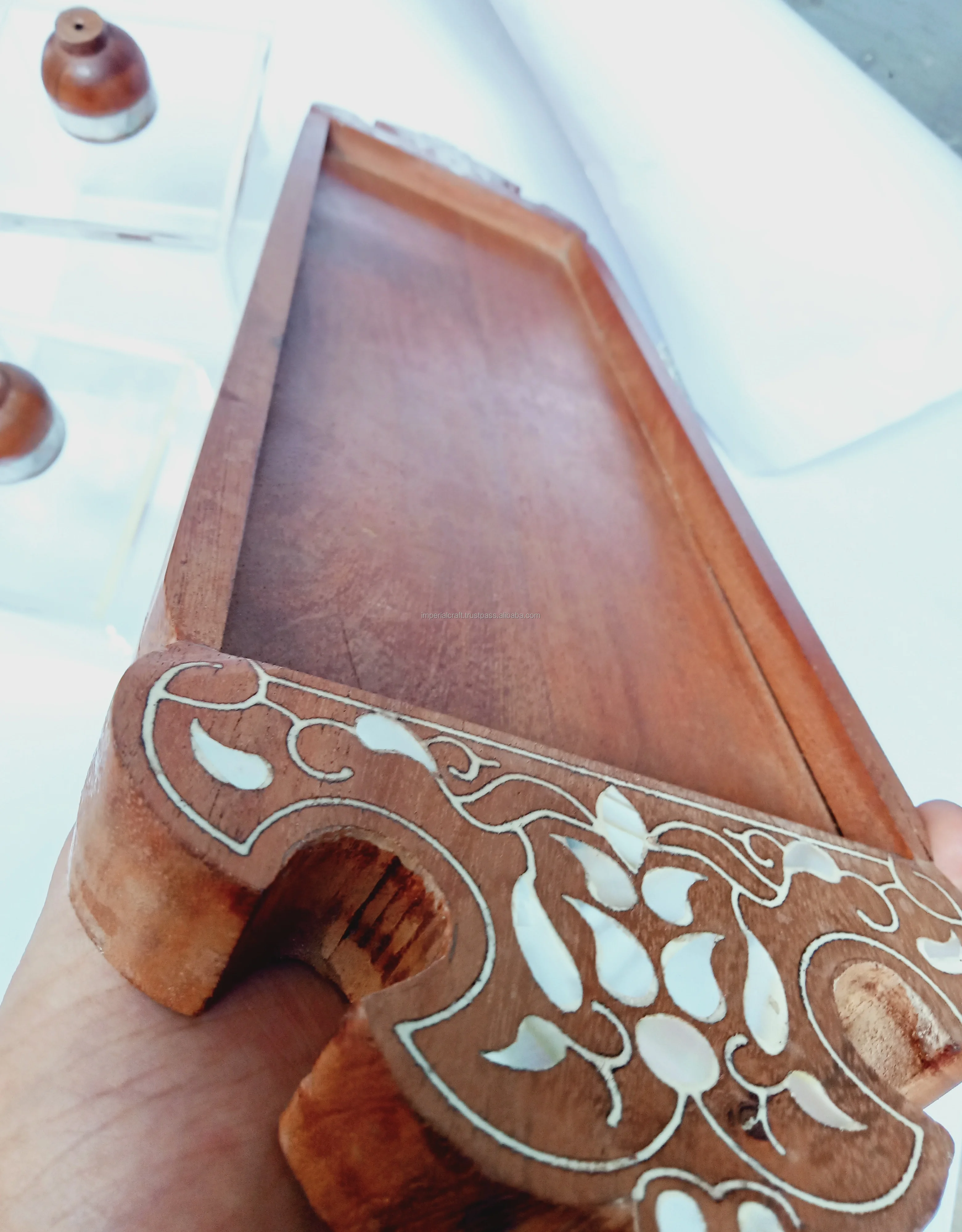 trending design acrylic and acacia wood serving tray with two chocolate boxes decorative work of mother of pearl