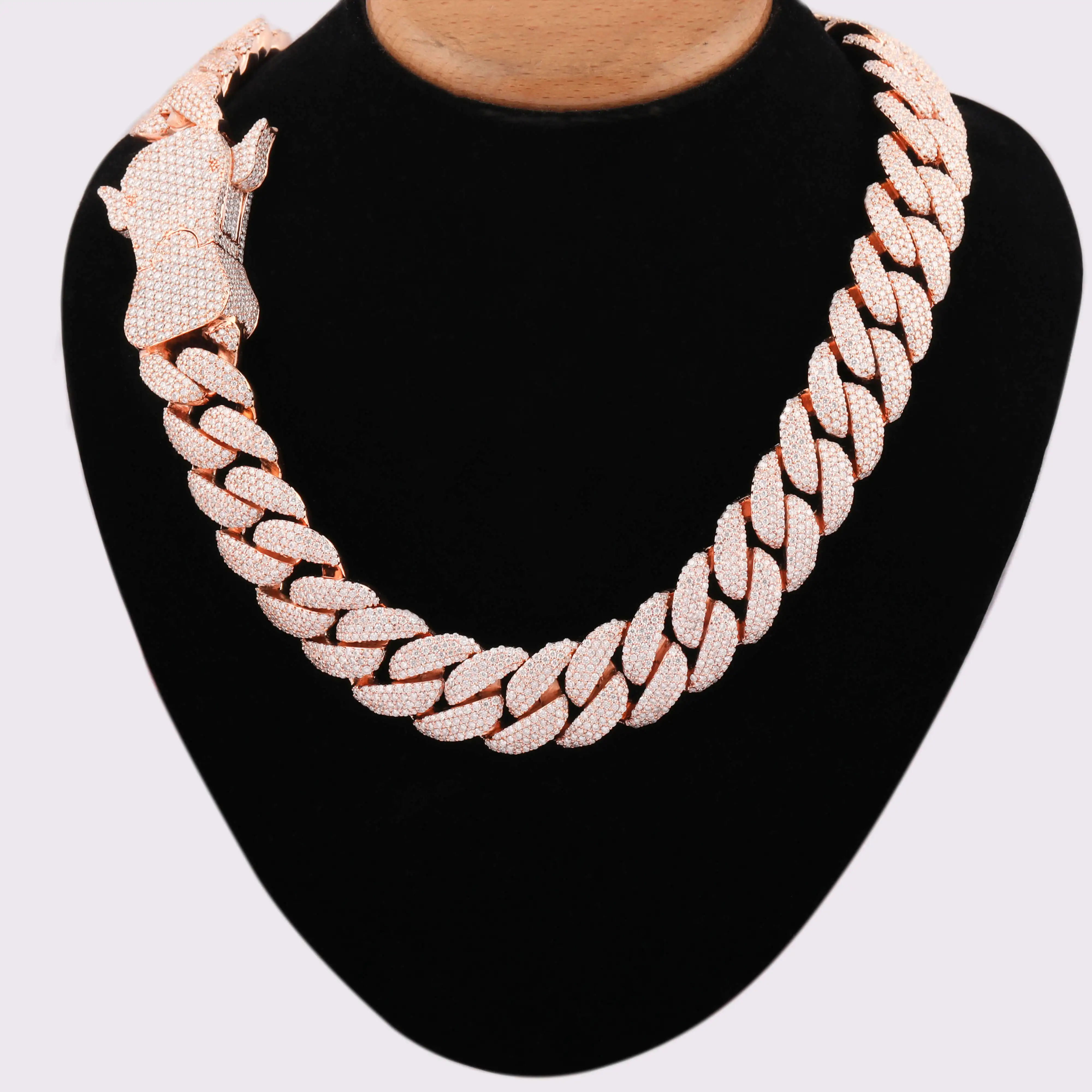 Hip Hop Moissanite Pave Setting Cuban Link Necklace, Rose Gold Chain With Unique Cow Faced Clasp At The Back