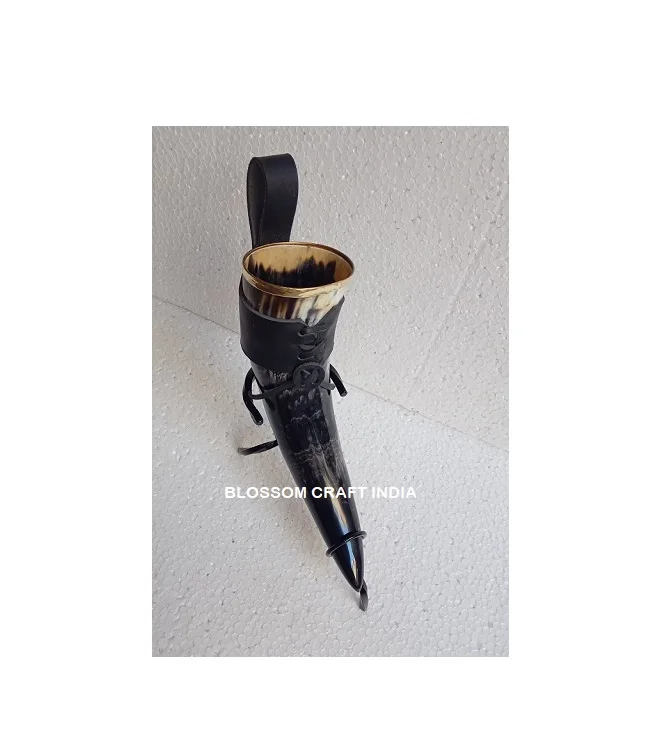 Best Quality Buffalo/Ox Drinking Horn with Leather Holder and Iron Stand  100% food safe for Drinking by BLOSSOM CRAFT INDIA