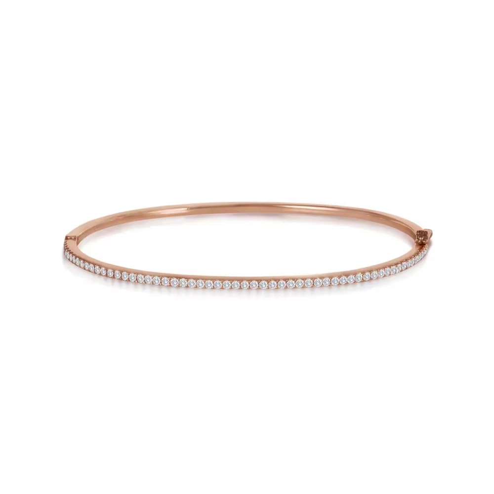 Best Selling 18kt Solid Rose Gold Single Row Pave Diamond Sleek Bangle Bracelet Gold Diamond Jewelry