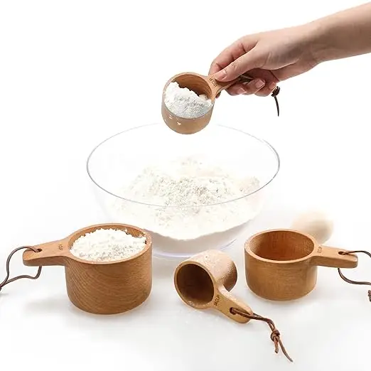 Wood Measuring Cups and Spoons Set of 8, Handcrafted with Polish Natural Wooden for Dry Ingredients Baking Cooking