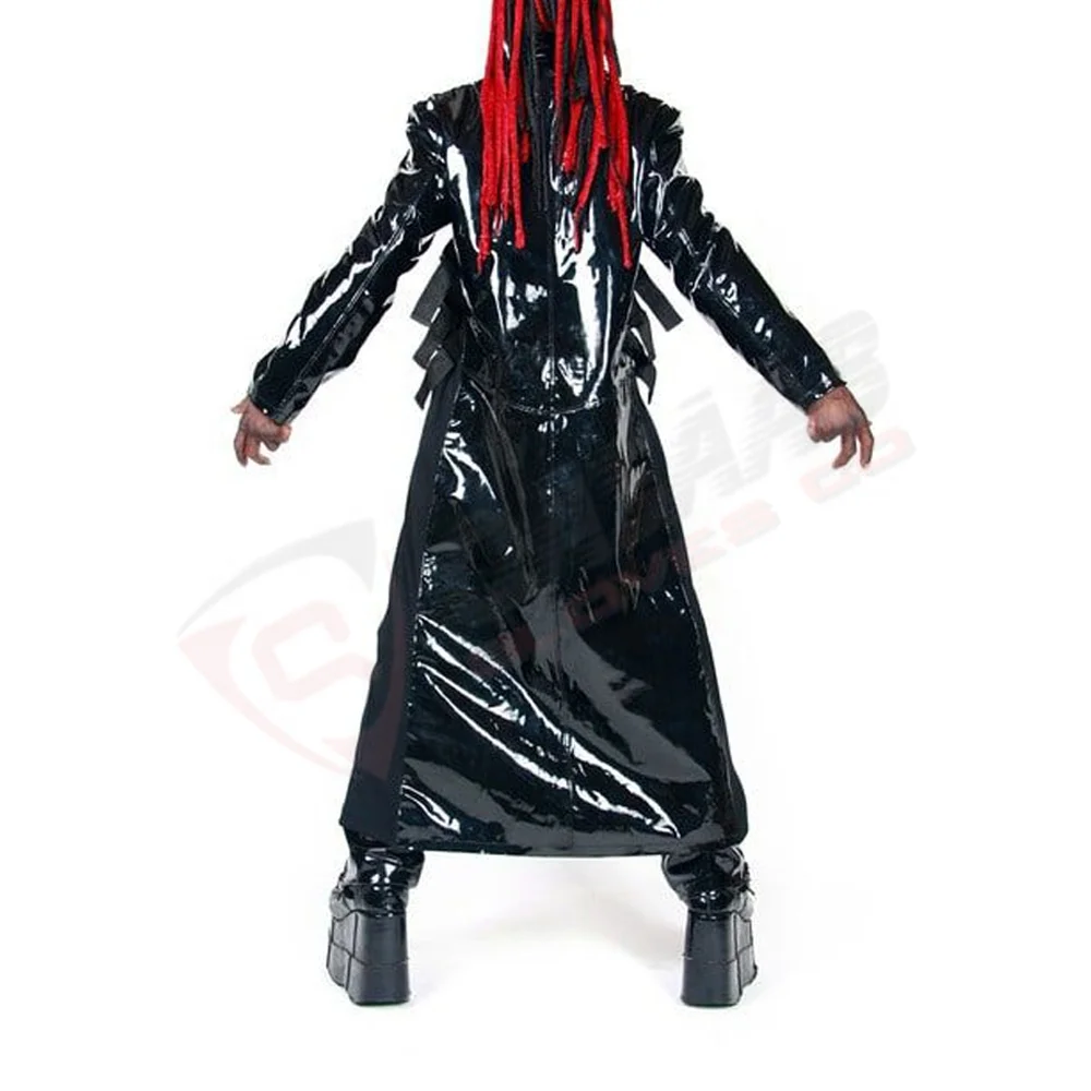 Blacked Goth-fetished Leather Men Trenched Gothic-Coat