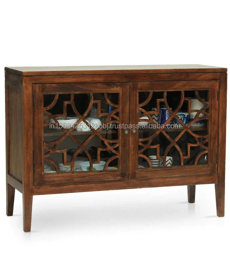 Antique Wooden Four Doors Glass Door Buffet Mango Wood Natural Finish Storage Cabinet For Kitchen Handmade Bulk Product