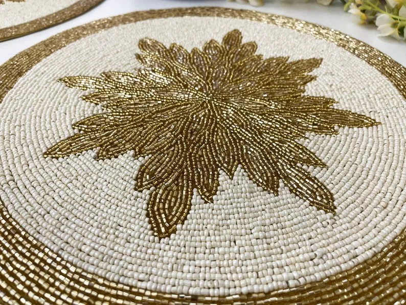 Wedding Table Placemat Beaded Pads and Mats with Flower Shape in custom colors and design wholesale beaded item for table decor