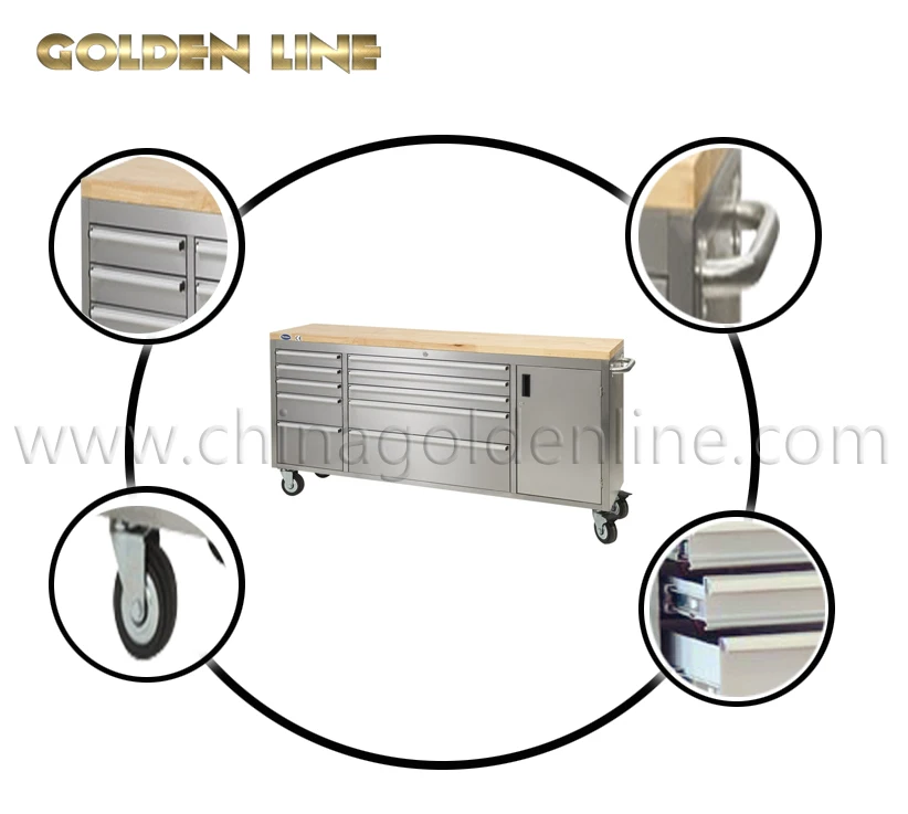 Stainless 10 Drawers Work Bench with wooden top Tool Cabinet Tool Chest Tool Trolley welding cart durable handle large size