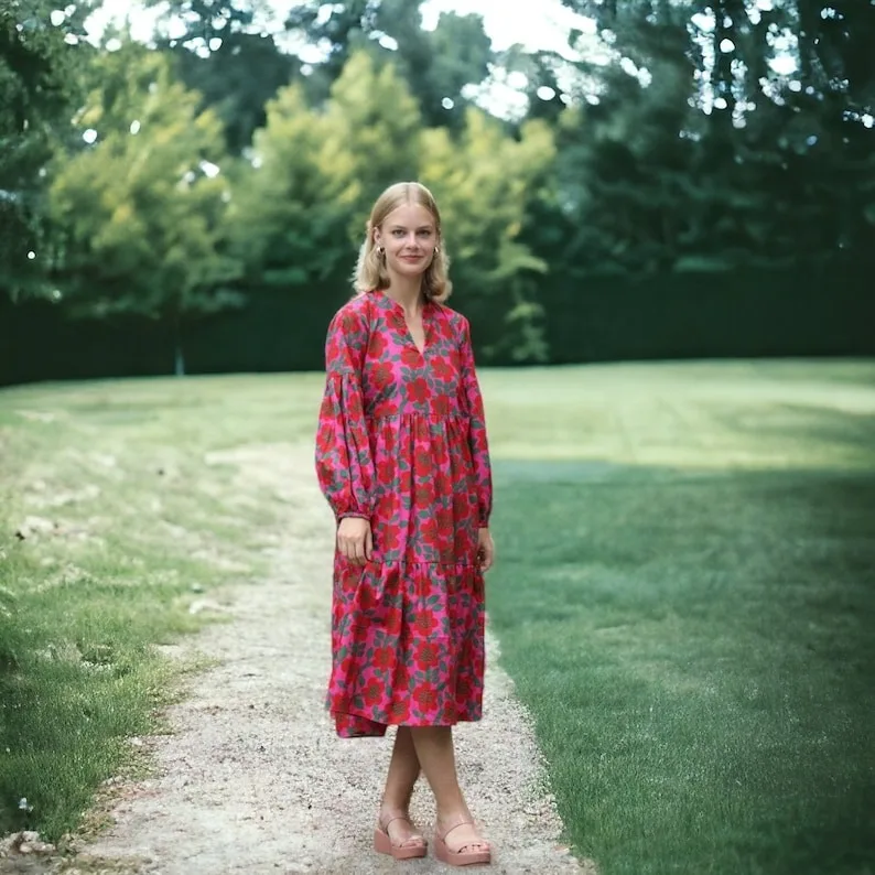 Indian Ethnic Floral Cotton Maxi Dress Bohemian Style with Hand Block Print and Long Bell Sleeves Casual Dresses for Women