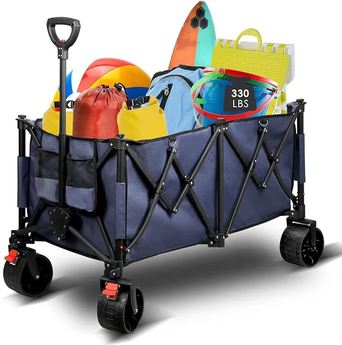 THCW10207 - Collapsible Wagon Carts, Heavy Duty Foldable Beach Wagon with All-Terrain Detachable Big Wheels for Camping, Navy