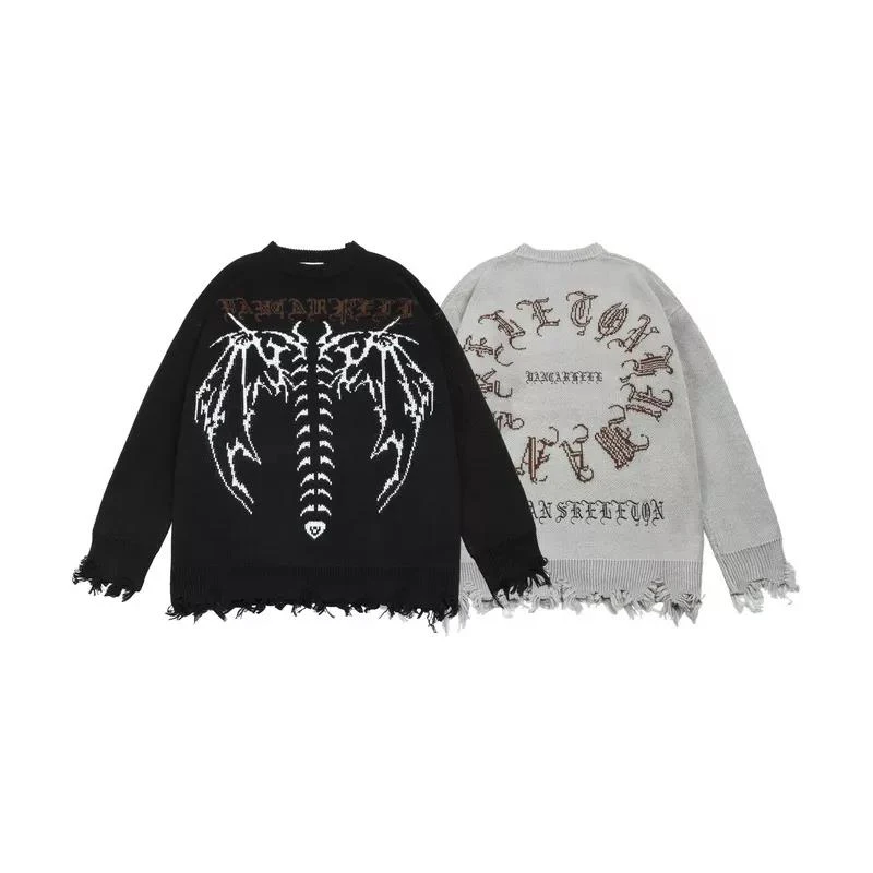 Custom Sweater Harajuku Knitted Top Y2k Streetwear Vintage Skeleton Jacquard Distressed Knit Sweater with Logo Goth Punk Autumn