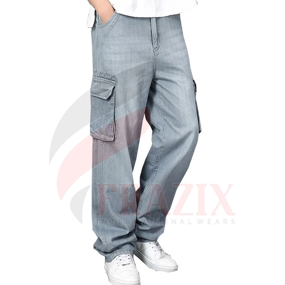 Sport Casual Pants Streetwear Loose Straight Fit Jeans High Waist Thick Men Cargo Pants Jeans