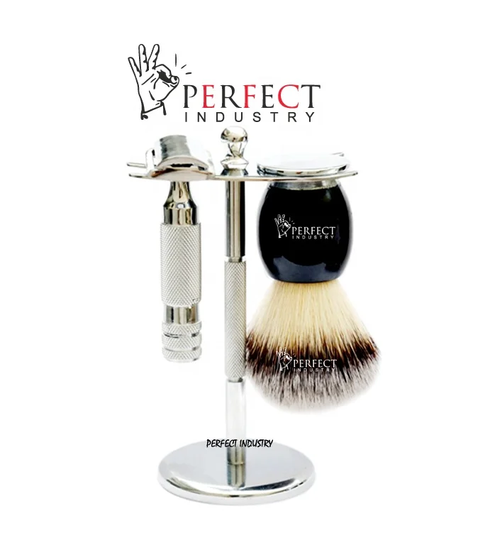 Hot selling finest Black & Chrome groomsmen set Black Fixed Blade Razor Black Shaving Brush & Shaving Stand Set