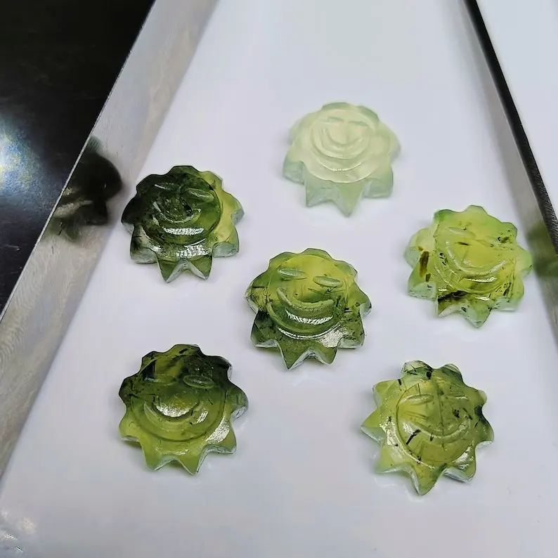Natural Prehnite Stone Sunflower Shape Carved Gemstone Beads for Jewelry Making 12mm Figurines Carving Charms from Indian Carver
