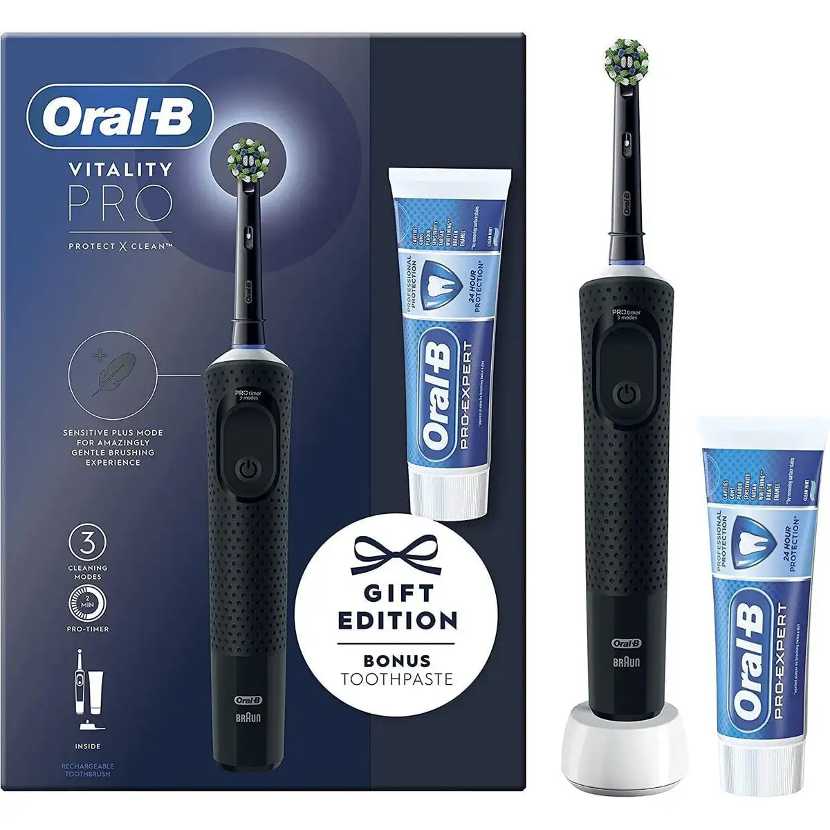 Oral-B Vitality PRO черная электрическая зубная щетка + жевательная резинка 75 мл Зубная паста