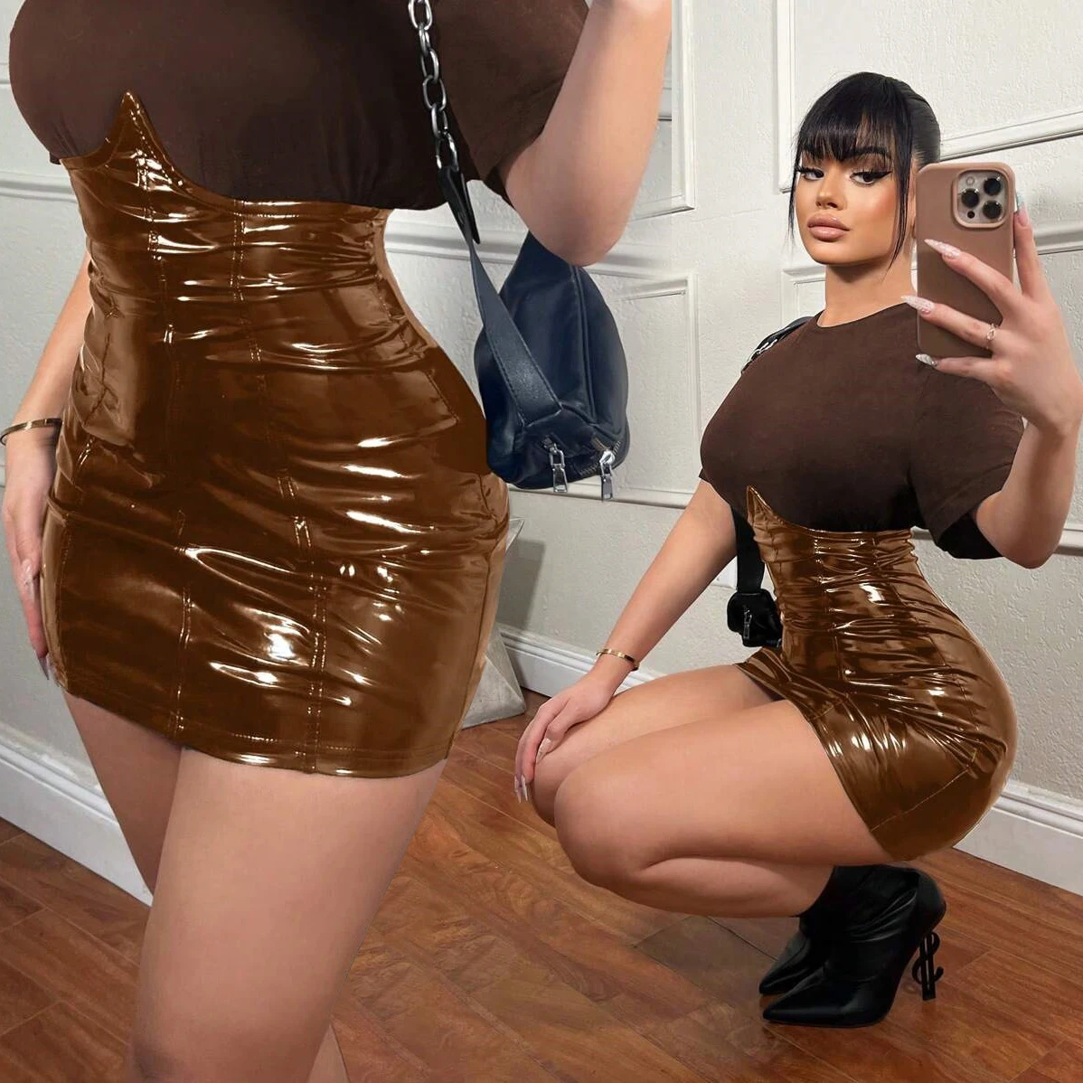 High Quality Shiny faux Leather High waist Sexy Corset Skirt For Women Fashion Elegant Fashion Back Zipper Club Party Mini