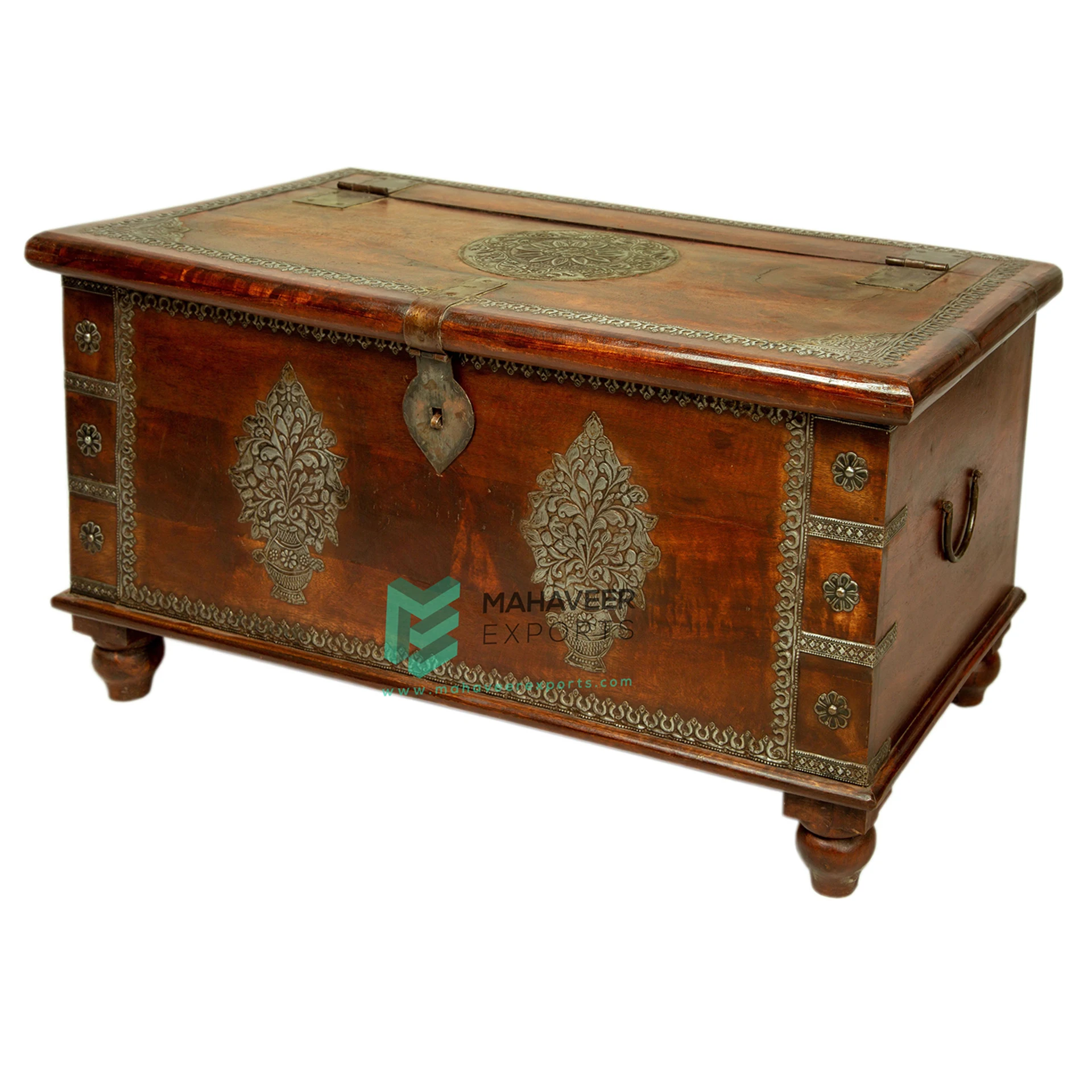 Wooden Iron Fitted Storage Chest Box Cum Coffee Table Box In Dark Brown Finish For Living Room / Bedroom Multi-Utility Furniture