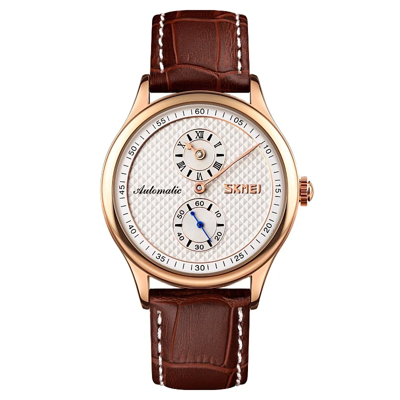 Skmei trendy grid texture 40mm dial with high-quality leather hollow mechanical watch waterproof 3bar men texture