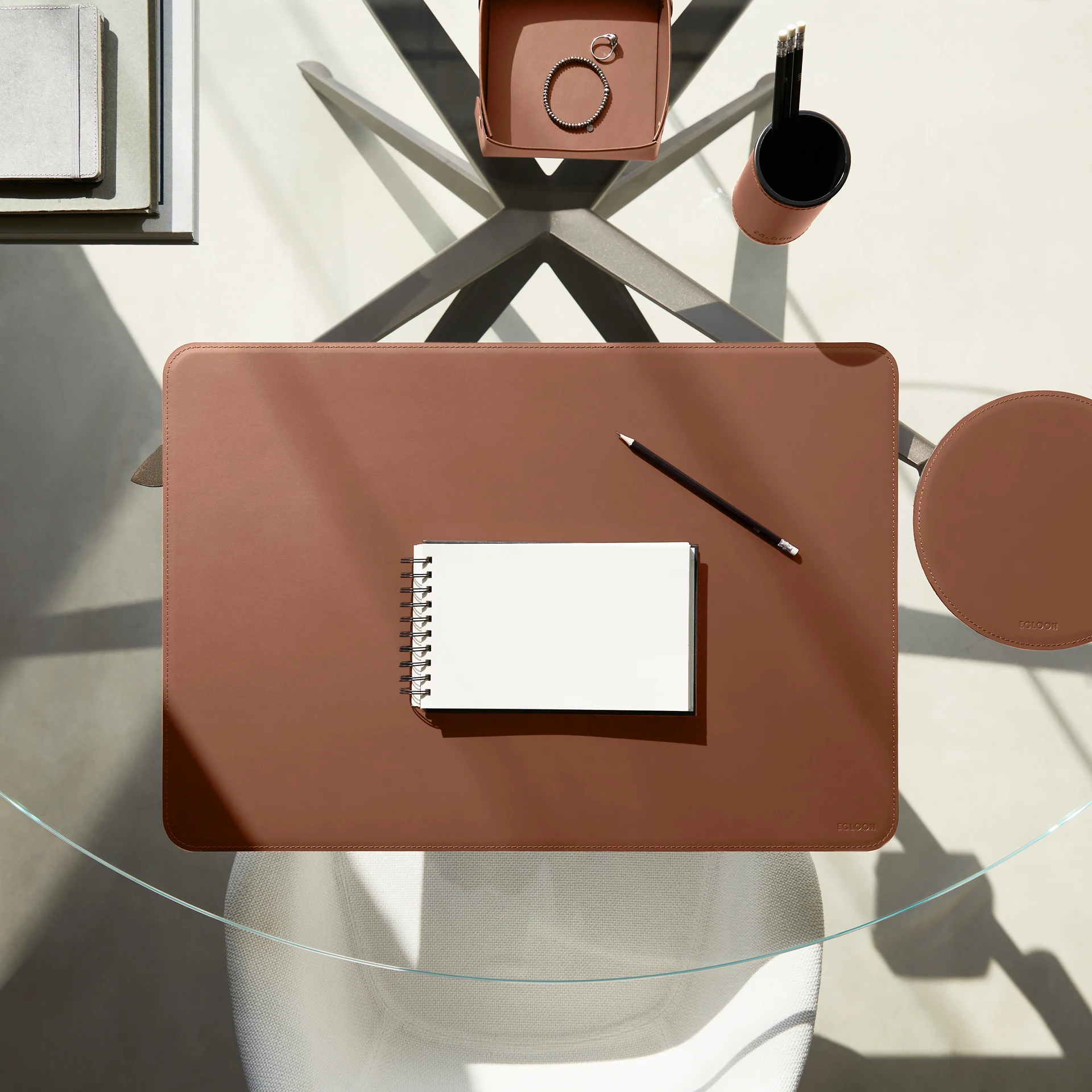 Square Valet Tray Bonded Leather Orange Brown cm 16x16 H4 Brass Rivets on the Corners Made in Italy