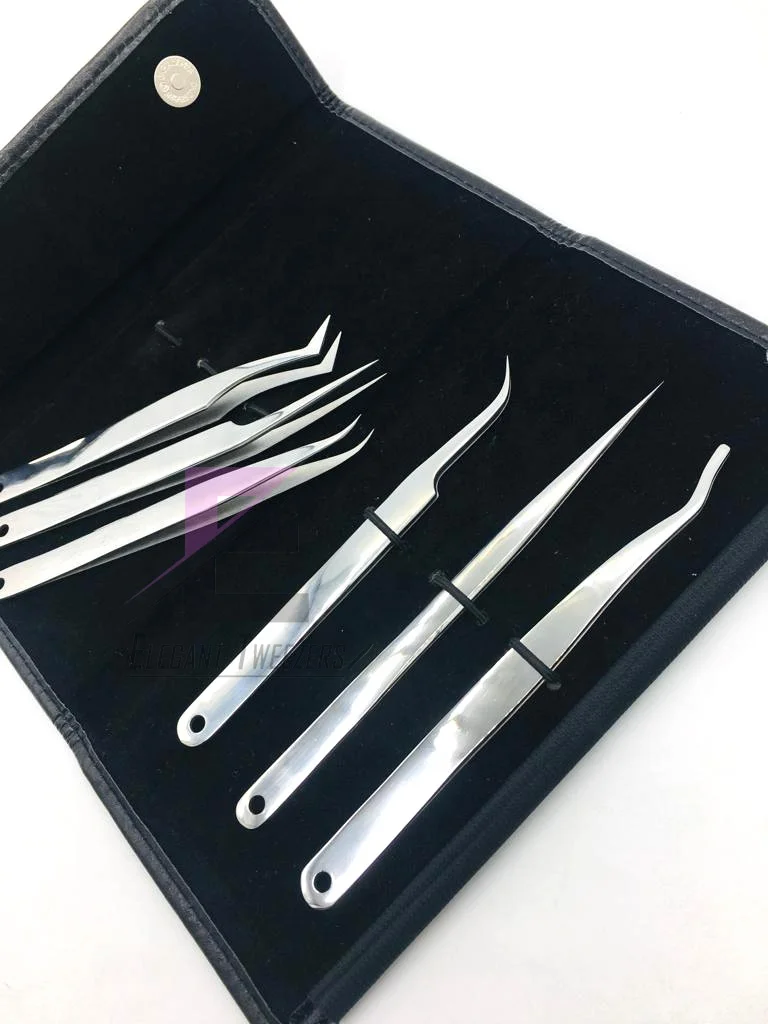 New Style Sliver Polish Full Set Great Finish Solid Eyelash Extension Tweezers Stainless Steel Private Label