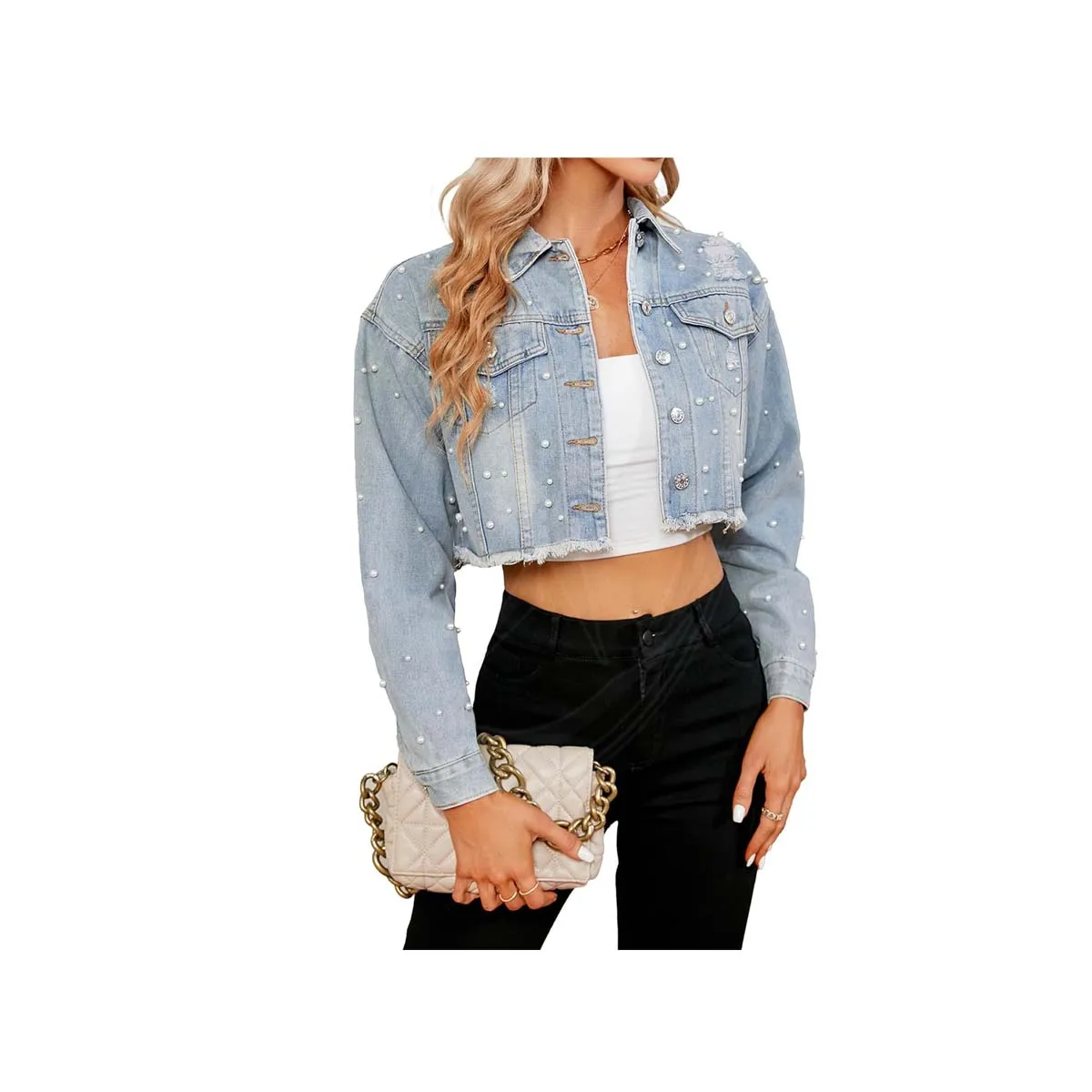 Women Cropped Rhinestones breathable Denim Jacket Long Sleeve Distressed Pearl Jean Jacket Coats