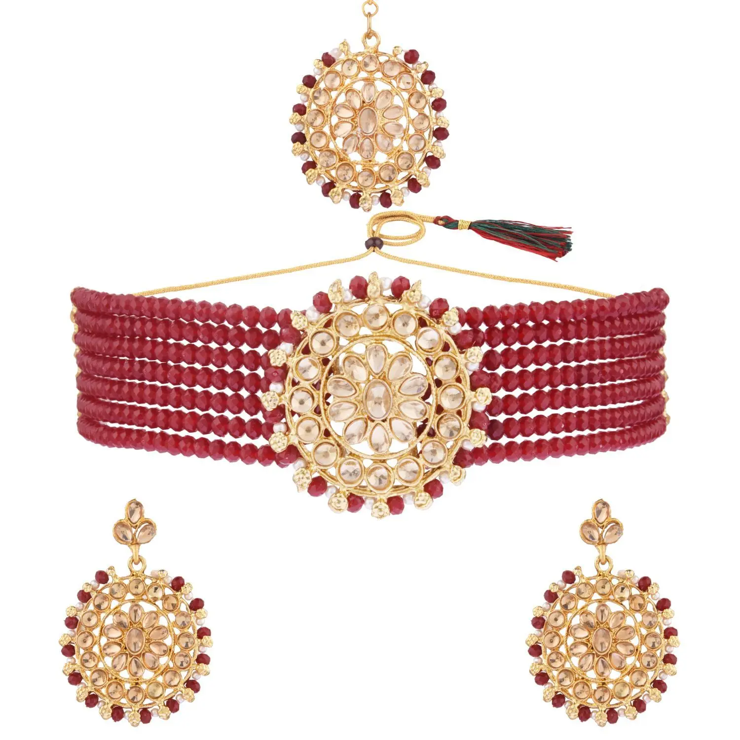 Indian Bridal Choker Necklace Faux Pearl Beaded Crystal Kundan Necklace Earrings Mang Tikka Set, Maroon