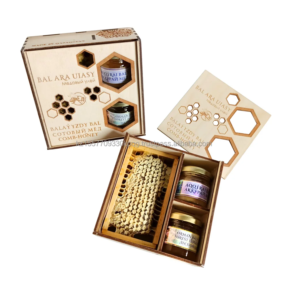 Wholesale All-purpose Honey set 1 highest quality from Kazakhstan factory Weight honeycomb 180-250 g jars 2x70 g